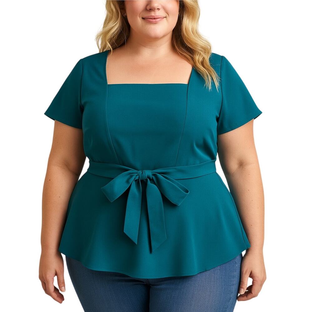 Lane Bryant Teal Green Short Sleeve Blouse Tie Waist Fit Flare Shirt Women’s 16